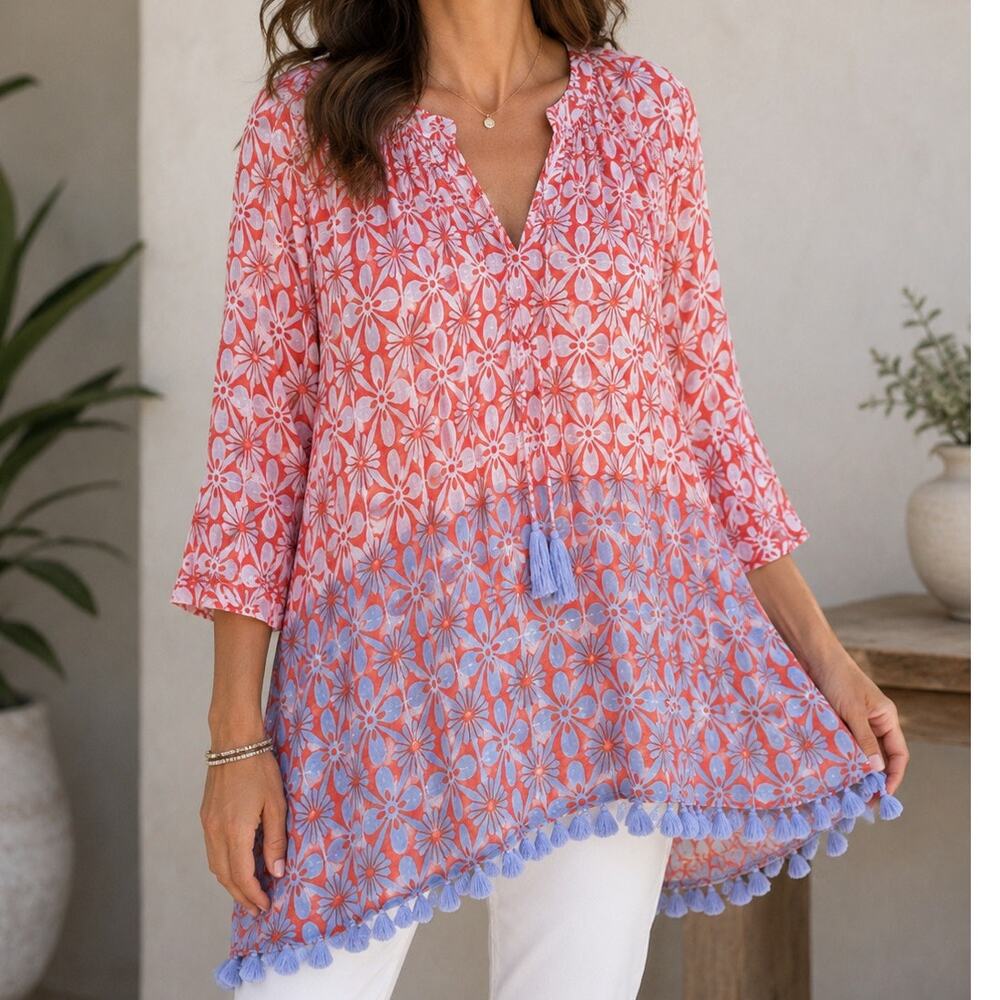 Roller Rabbit Coral Floral Tassel Beach Tunic S